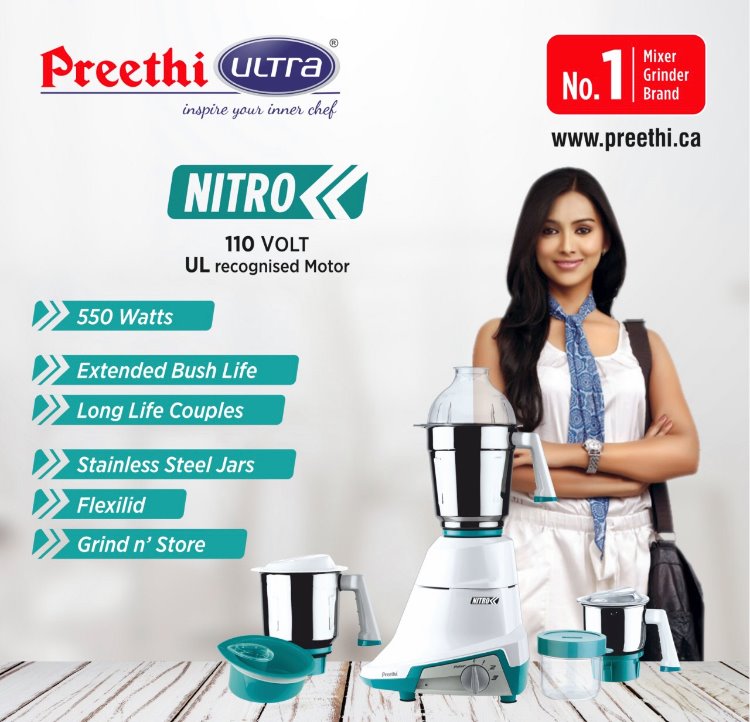 Preethi Nitro 3 Jar 550 Watt Indian Mixer Grinder for 110 Volts