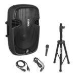 Pyle PPHP155ST Wireless Portable PA Speaker System - 1500W High Powered Bluetooth Compatible Active Outdoor Sound Speakers w/ USB SD MP3 RCA - 35mm Mount, Stand, Microphone, Power Cable, Black, 15"