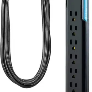 GE Surge Protector, 7 Outlet Power Strip, Extra-Long 8ft Power Cord, Flat Plug, Power Filter, Circuit Breaker, 1080 Joules, Warranty, Black, 34133, 8ft Cord