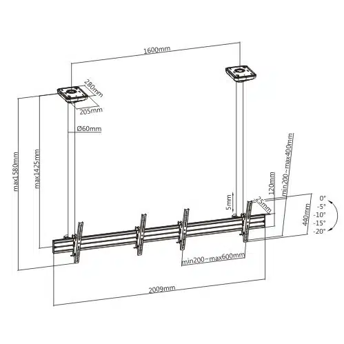 Protech Dual Screen 40" - 55" Video Wall /Menu Board Wall Mount With Optional Ceiling  Mount (Up to 59 Inches Drop) - Image 2