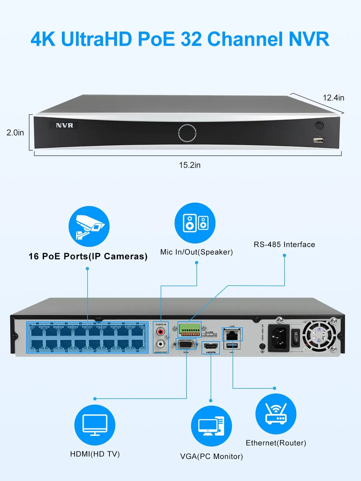32CH 12MP PoE NVR 16 POE Acusense Network Video Recorder With 16 + 16 Poe Switch - Image 5