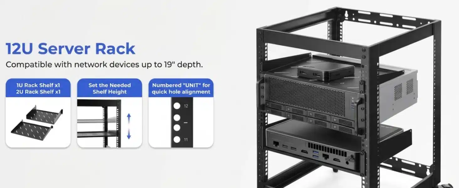 12U 19″ Wall Mount & Free Standing Network Rack with Shelves & Lockable Wheels - Image 7