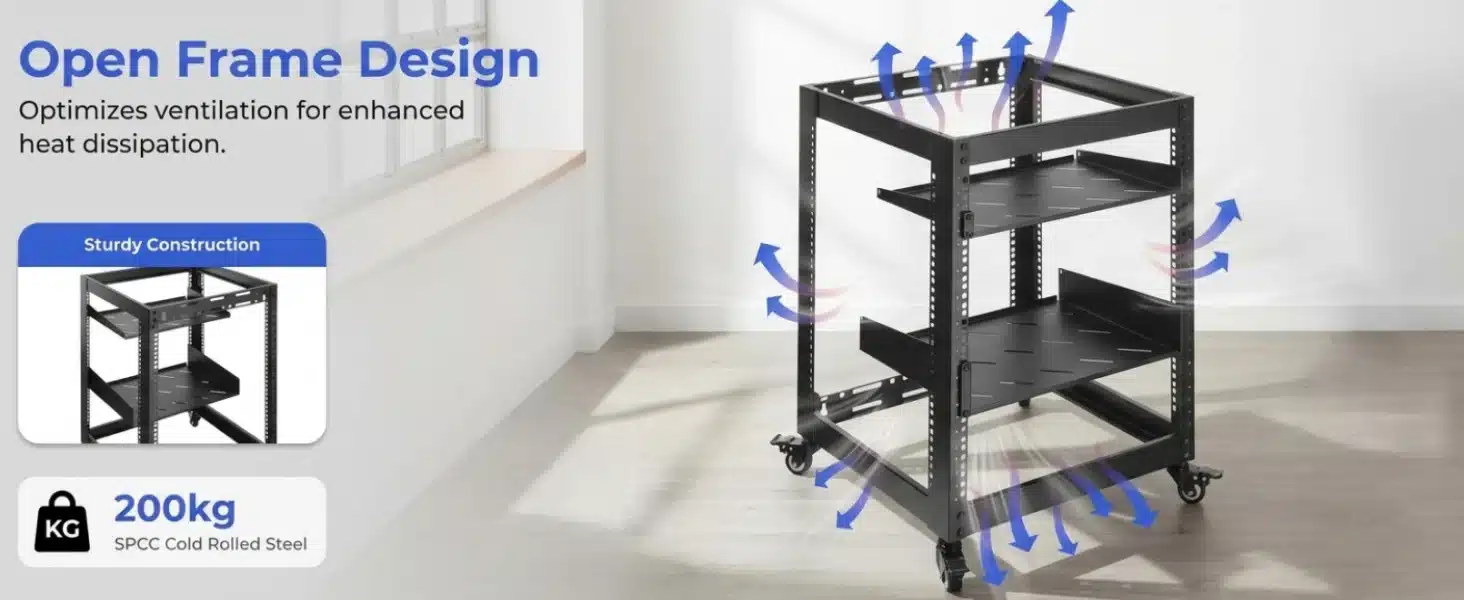 12U 19″ Wall Mount & Free Standing Network Rack with Shelves & Lockable Wheels - Image 8