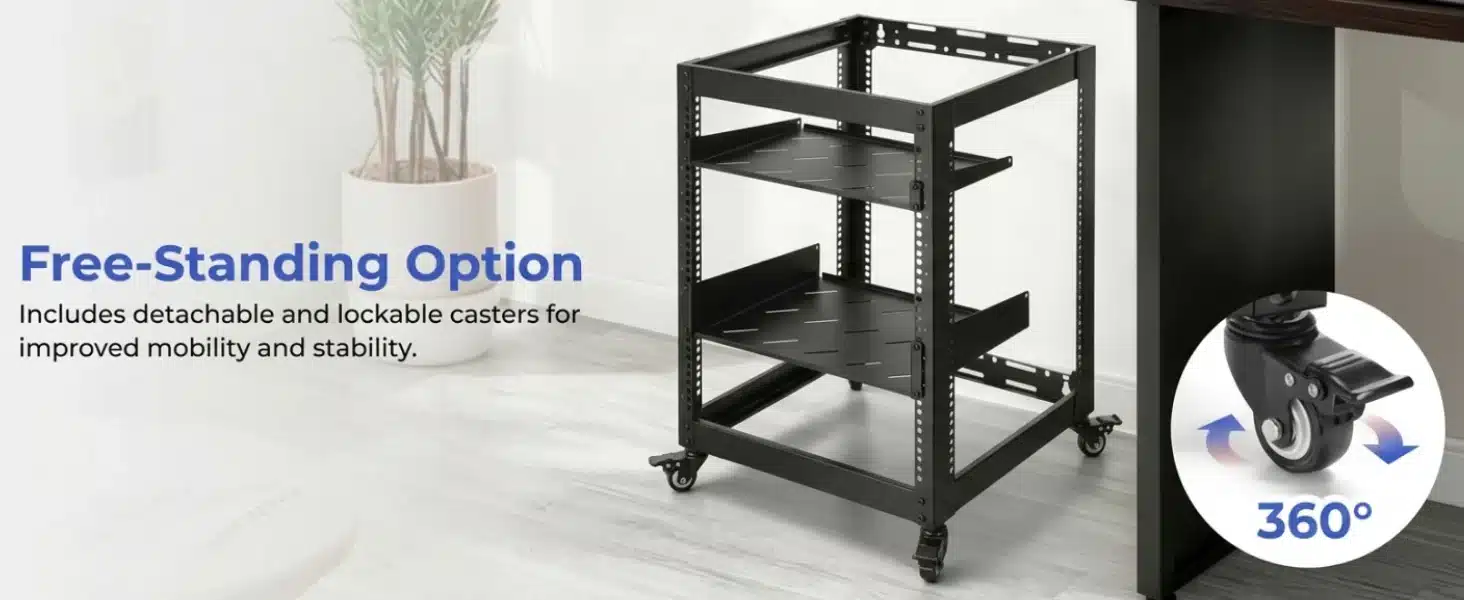 12U 19″ Wall Mount & Free Standing Network Rack with Shelves & Lockable Wheels - Image 9